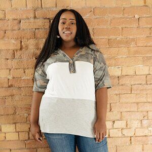 Haptics Camo & Buttons Color Block Top